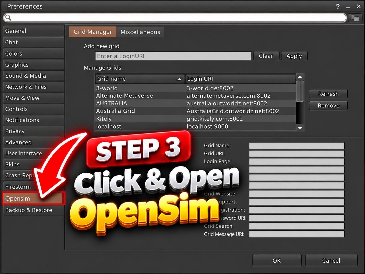 Step 3 - Click and open OpenSim settings
